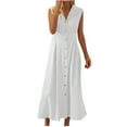 thumbnail image 1 of Womens Fashion Tunic Cotton Linen Long Dress Get it today Olyvenn Camis Sleeveless Prom Dress Trendy V Neck Bodice Dress Vintage Solid Sundress High Waist Pleated Slim Fit Flowy Smocked White 14, 1 of 6