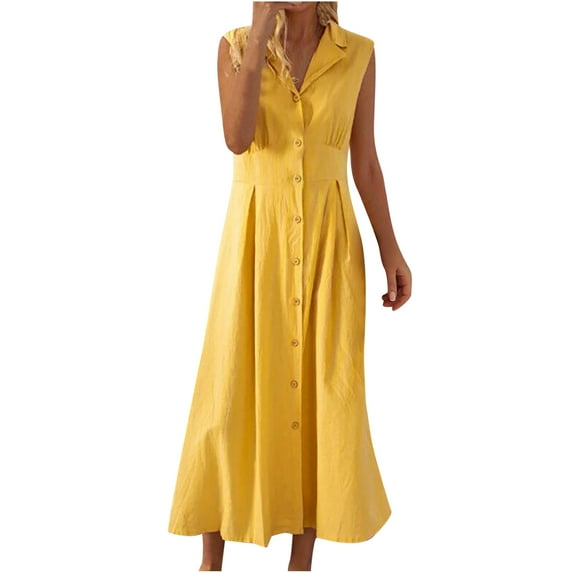 Womens Fashion Tunic Cotton Linen Long Dress Get it today Olyvenn Camis Sleeveless Prom Dress Trendy V Neck Bodice Dress Vintage Solid Sundress High Waist Pleated Slim Fit Flowy Smocked Yellow 4