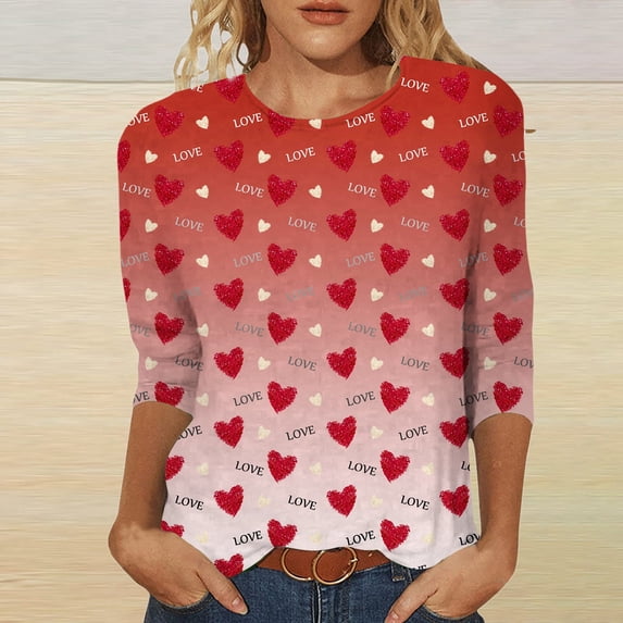 Womens Fashion Valentines Cat Print Round Neck 3/4 Sleeve Casual T Shirt Two Shirts for Women Running Top Women Womens Athletic Clothes Set Shirt for Women Cute Tops for Women Summer Large Women T