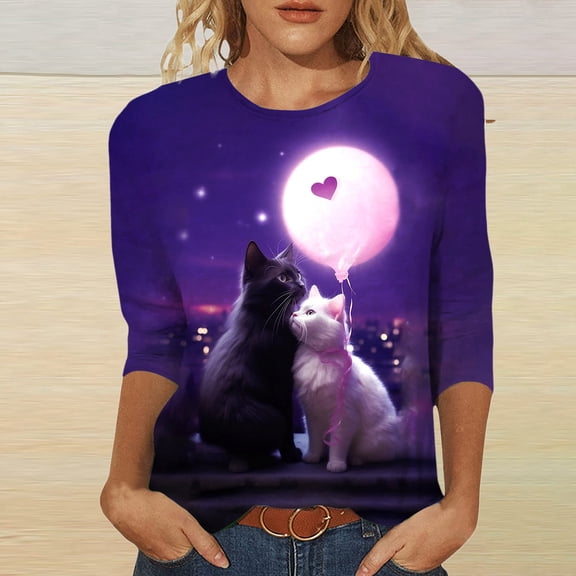 Womens Fashion Valentines Day Cat Print Round Neck 3/4 Sleeve Casual T Shirt One Short Sleeve Tee Tops Long Sleeve Polyester Spandex Exercise Shirts Women Pack Women T Shirt Stripe Was Out Long Sleeve