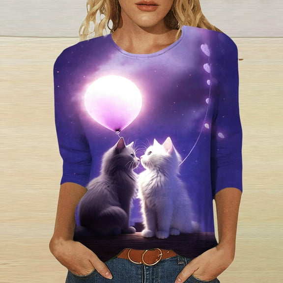 Womens Fashion Valentines Day Cat Print Round Neck 3/4 Sleeve Casual T Shirt One Short Sleeve Tee Tops Long Sleeve Polyester Spandex Exercise Shirts Women Pack Women T Shirt Stripe Was Out Long Sleeve