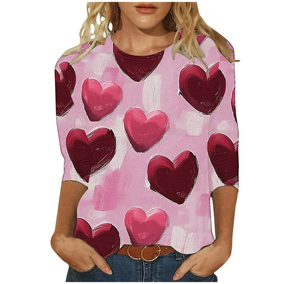 Womens Fashion Valentines Day Tshirts 3/4 Sleeve Crewneck Cute Heart Graphic Tee Holiday Tunic Tops