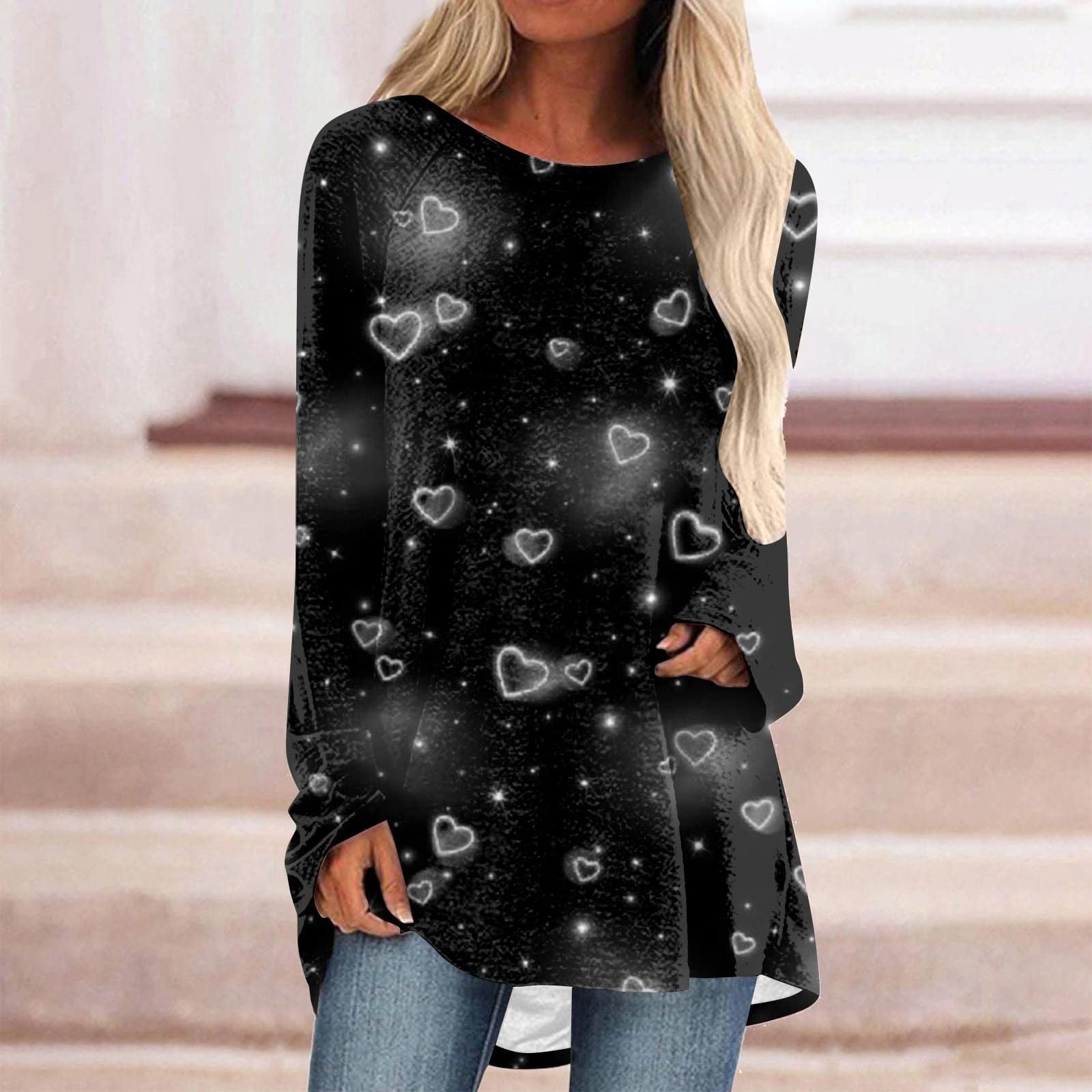 Womens Fashion Valentines Tunics Long Sleeve Heart Print Tunic Tops for