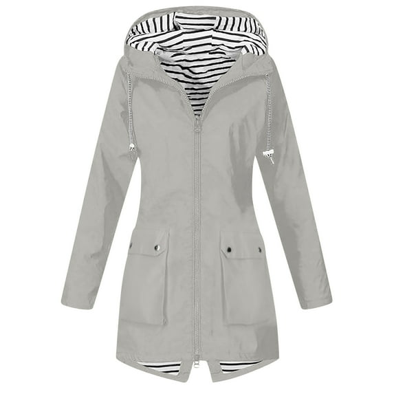 Womens Fashion Waterproof Rain Jacket Solid Color Hooded Windproof Loose With Pocket Fall And Winter Gray Outdoor Windbreaker S-2XL