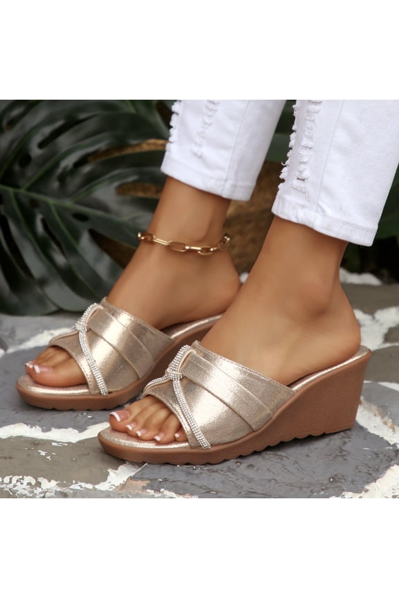 Womens Fashion Wedge Sandals with Rhinestone Straps, Metallic Slip On Open Toe Mules, Comfortable Lightweight Platform Summer Shoes for Walking, Party, Travel, and Daily Casual Wear