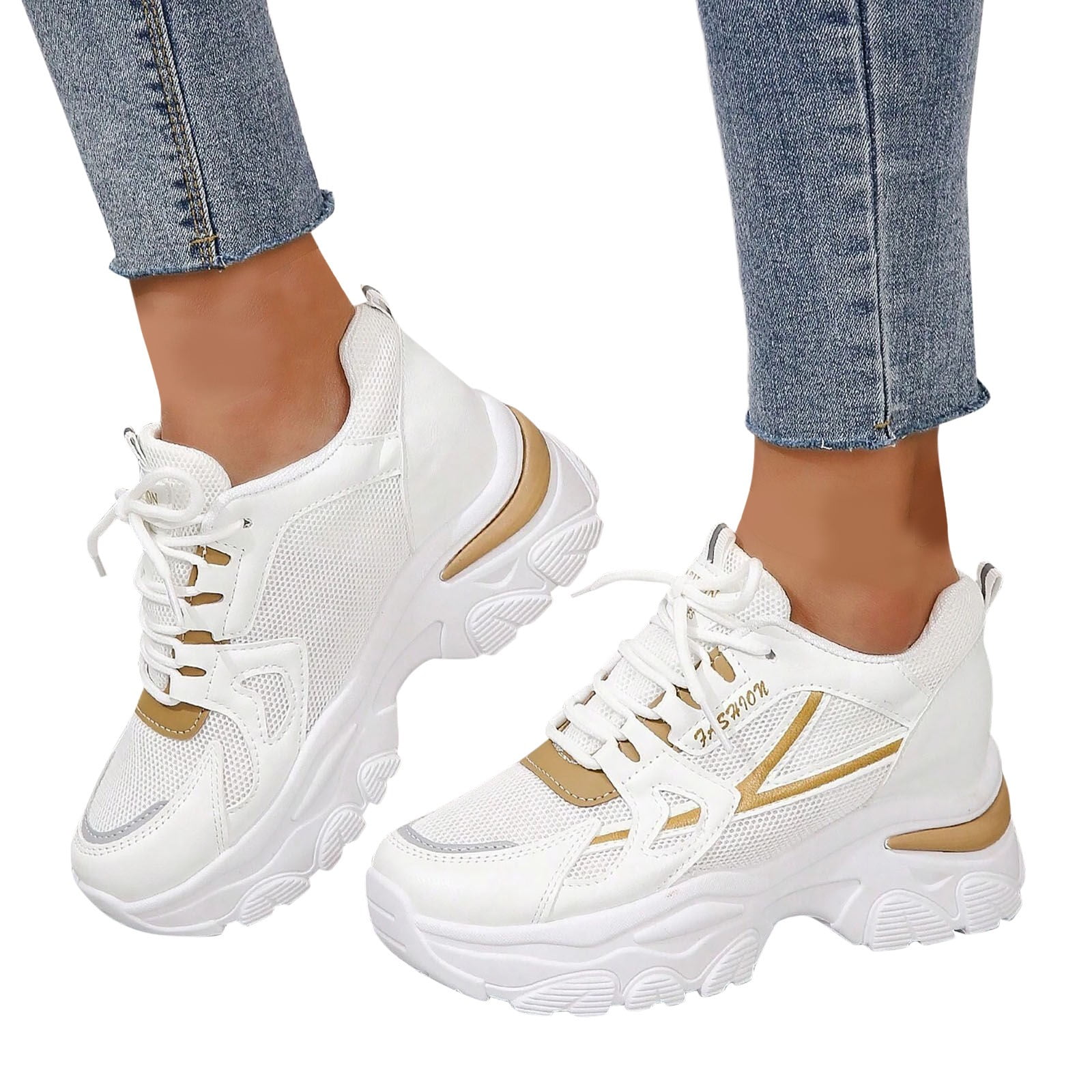 Womens Fashion White Sneakers Lace Up Platform Waling Shoes
