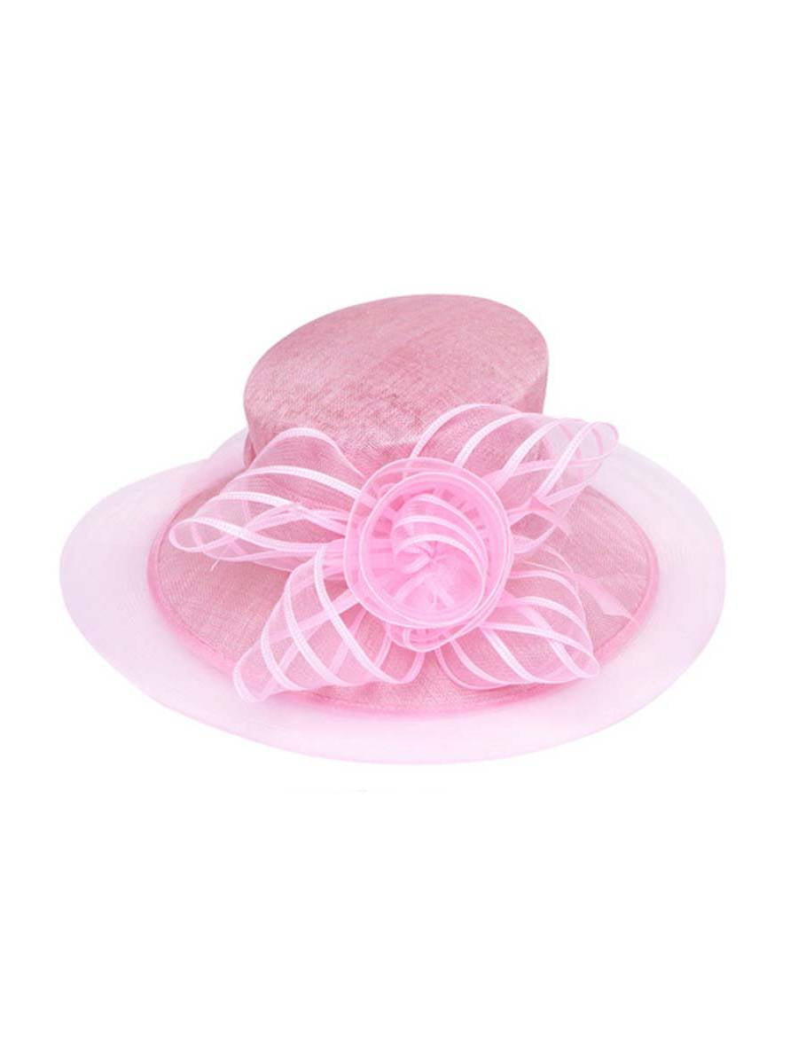 Womens Fashion Wide Brim Sun Hat w/ Floral Bow - Pink