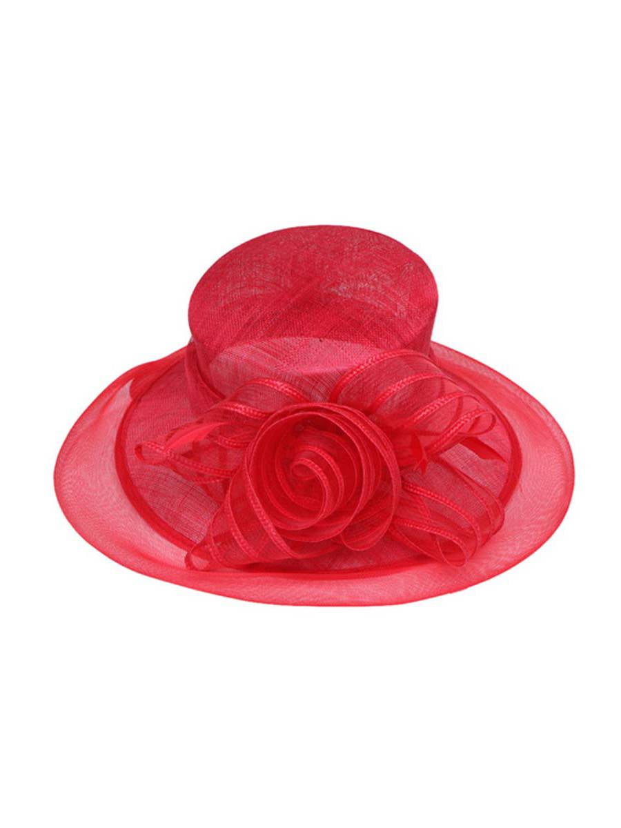 Womens Fashion Wide Brim Sun Hat w/ Floral Bow - Red