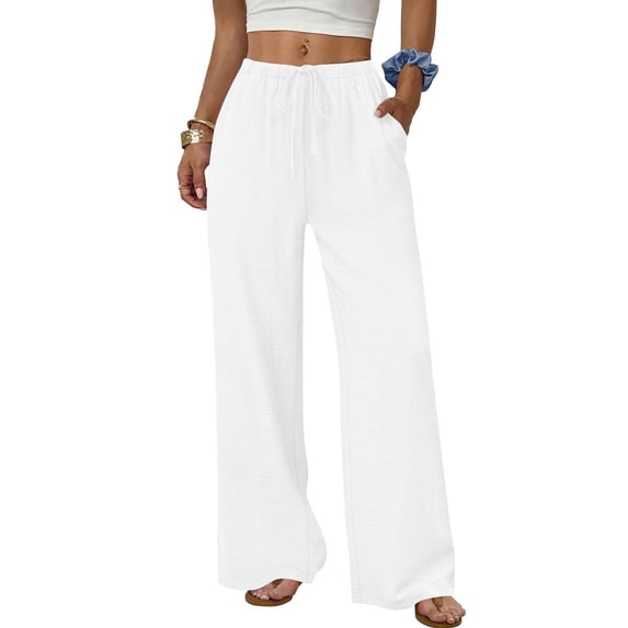 Womens Fashion Wide Leg Pants with Drawstring Elastic Waist Solid Color Loose Casual Trousers Featuring Side Pockets Soft Lightweight Comfy for Daily Wear, Size S-2XL