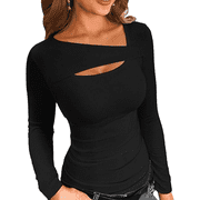 Womens Fashion clothes Cutout Tops Long Sleeve Slim Fitted T-Shirts Black XL