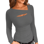 Womens Fashion clothes Cutout Tops Long Sleeve Slim Fitted T-Shirts Dark Grey XXL