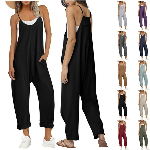 Womens'Fashion one piece jumpsuit Fashion and Casual Cold Shoulder Jumpsuit Solid Suspender Jumpsuits Wide Pocket Leg Pant Present for Women 50% off Clearance