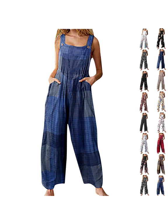 Ausyst Jumpsuits for Women Dressy Summer Womens Fashion Ethnic Style Patchwork Vintage Printed Buttons Suspender Jumpsuit