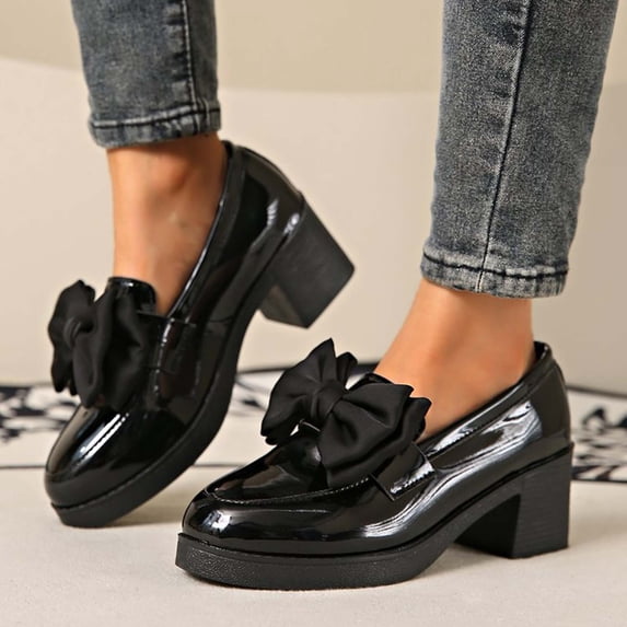 Womens Fashionable Casual Loafers All-Season Leather Shoes Solid Color Bow Round Toe Thick Sole Heel MidHeel Flats Low Chunky Heels Senior Front Gifts