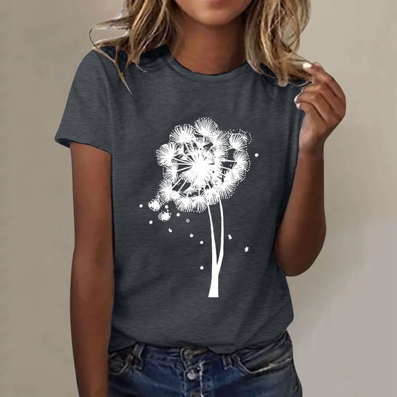 Womens Fashionable Dandelion Printed Round Neck Short Sleeved Sports Casual T Shirt Women Tee Stripe Tee Shirts for Women Womens under Shirts Short Sleeves Packs Womens Solid Tees Long Sleeve Shirts