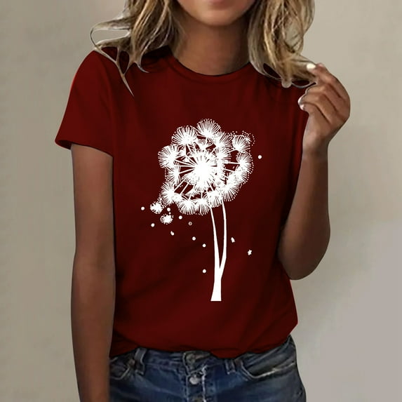 Womens Fashionable Dandelion Printed Round Neck Short Sleeved Sports Casual T Shirt Womens Athletic Tops Short Sleeve T Shirts Short Sleeve under 10 T Shirt Women Loose Women Tees And Tops Long Sleeve