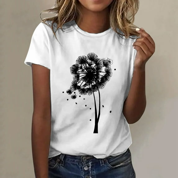 Womens Fashionable Dandelion Printed Round Neck Short Sleeved Sports Casual T Shirt Womens Athletic Tops Short Sleeve T Shirts Short Sleeve under 10 T Shirt Women Loose Women Tees And Tops Long Sleeve