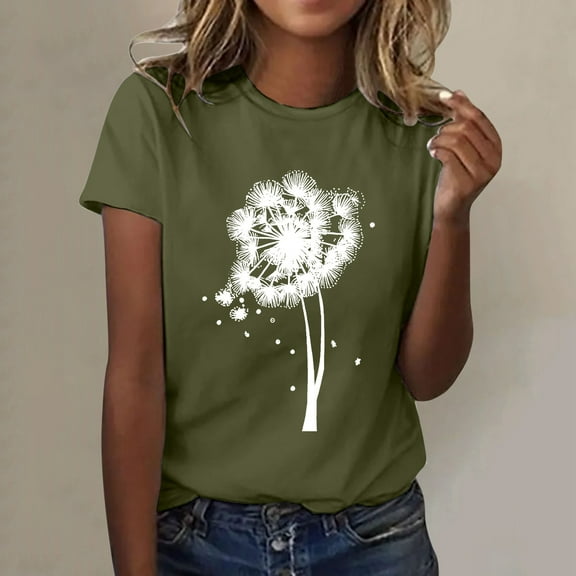 Womens Fashionable Dandelion Printed Round Neck Short Sleeved Sports Casual T Shirt Womens Athletic Tops Short Sleeve T Shirts Short Sleeve under 10 T Shirt Women Loose Women Tees And Tops Long Sleeve