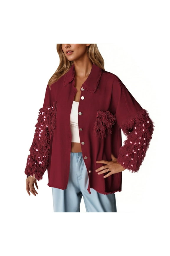 Womens Fashionable Jacket Sequin Patchwork Long Sleeve Jacket Tops Button Front Casual Oversized Denim Jacket Shacket
