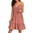 thumbnail image 1 of Womens Fashionable Summer Flow Dresses Solid V-Neck Suspender Sleeveless Sundresses Spaghetti Strap Tiered Mini A-Line Swing Short Dress, 1 of 2