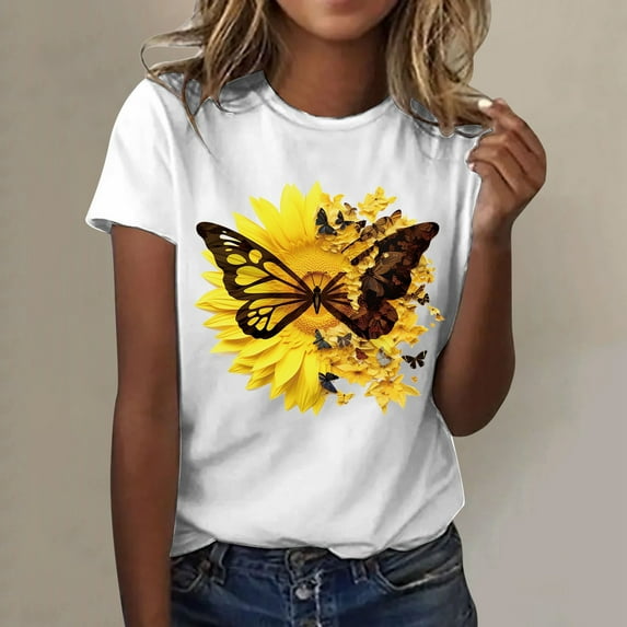 Womens Fashionable Sunflower Printed Short Sleeved Round Neck Sports Casual T Shirt Wide Stripe Shirt T Shirt Pack Womens Striped Tee Long Sleeve Spandex Shirt Womens Long Sleeve Tops Polyester T