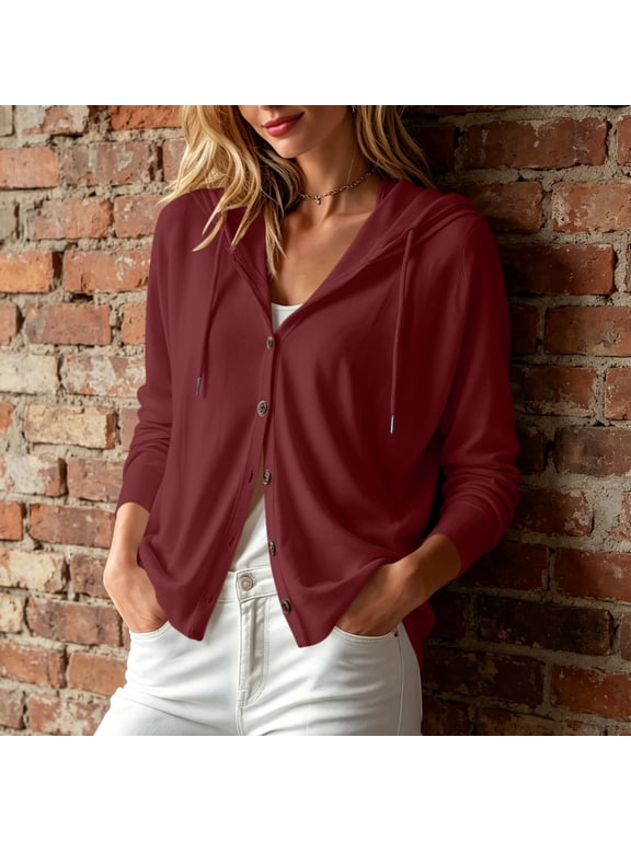 Womens Faux Cotton Hoodie Cardigan Button Front Drawstring Long Sleeve Pocket Casual Knit Sweater Casual Layering Top Wine XXL