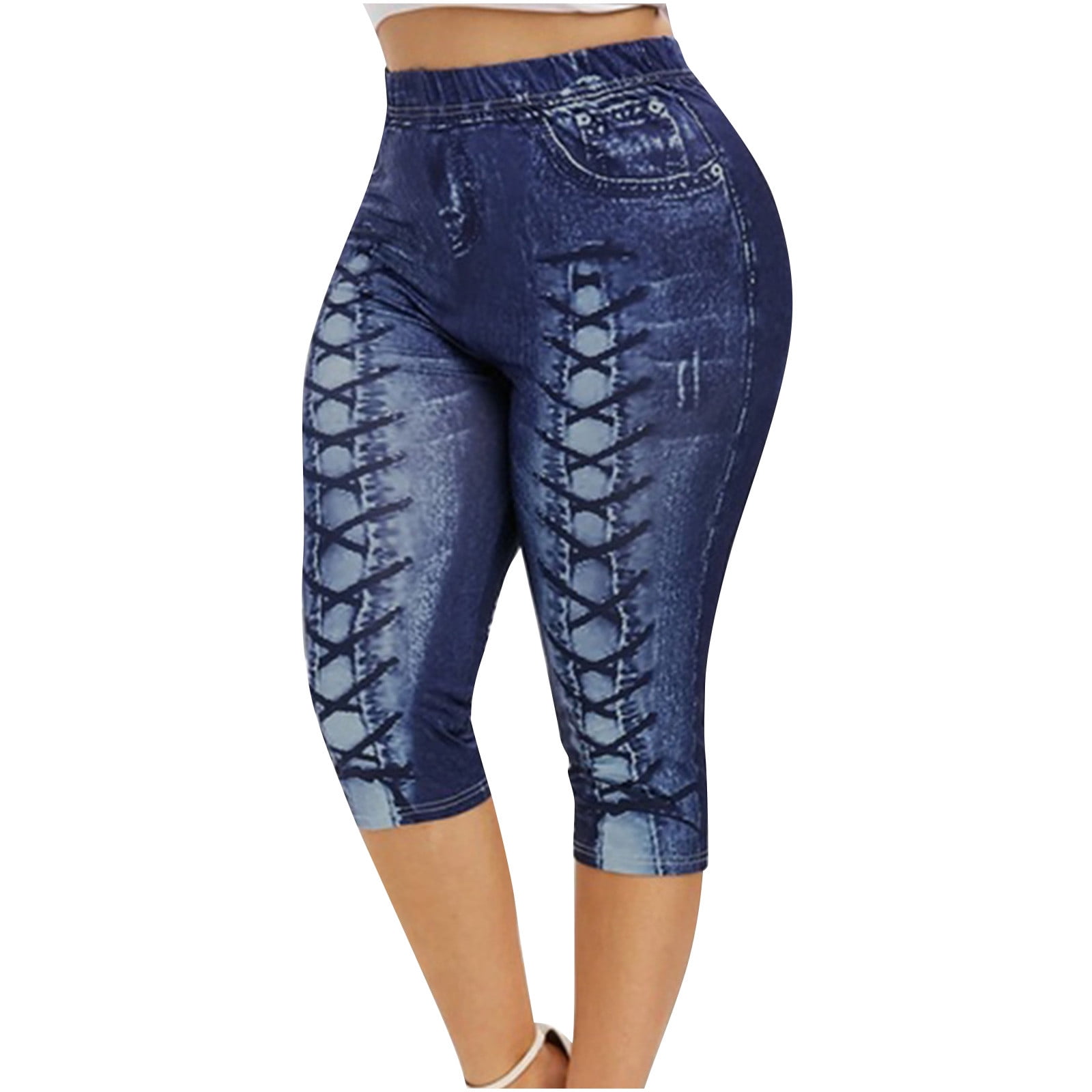 Womens Faux Denim Capris Plus Size Lace Trim Pencil Denim Pants High Waist  Summer Skinny Butt Lift Fake Jean Leggings Stretch Floral Lace Patchwork  Crop Pants 