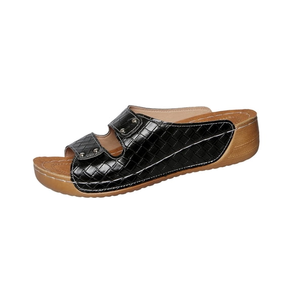 Womens Faux Faux Leather Wedge Slide Sandals Open Toe Double Strap Comfortable Low Heel Sandals Black,Size 8.5