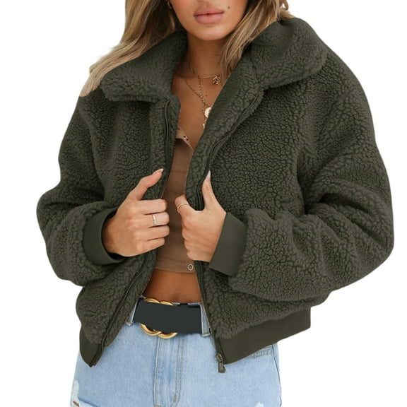 Womens Faux Fleece Jacket Coat Zip Up Long Sleeve Winter Outwear Shaggy Shearling Jacket
