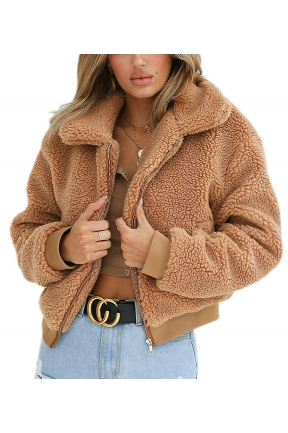 Womens Faux Fleece Jacket Coat Zip Up Long Sleeve Winter Outwear Shaggy Shearling Jacket