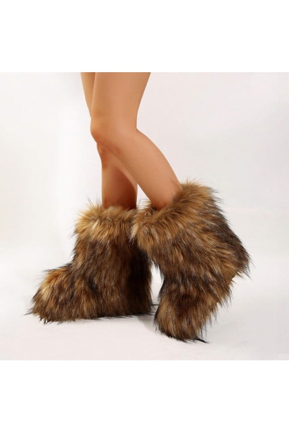 Womens Faux Fur Boot - Furry Fluffy Mid-Calf Snow Boot, Warm & Comfortable Outdoor Flat Shoes