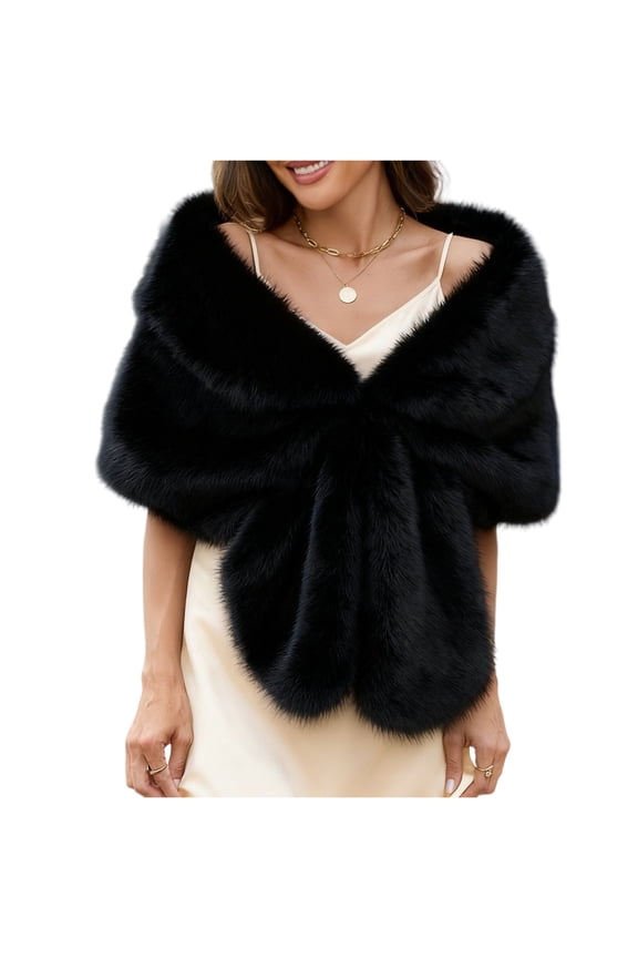 Womens Faux Fur Bridal Fax Fur Stole Cape Shawl Winter Warm Shoulder Wrap for Wedding Birthday Evening Party Black Free