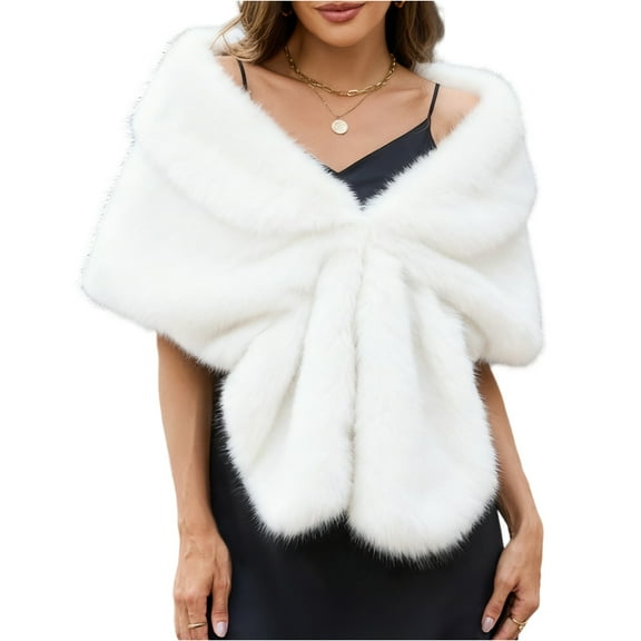 Womens Faux Fur Bridal Fax Fur Stole Cape Shawl Winter Warm Shoulder Wrap for Wedding Birthday Evening Party White Free
