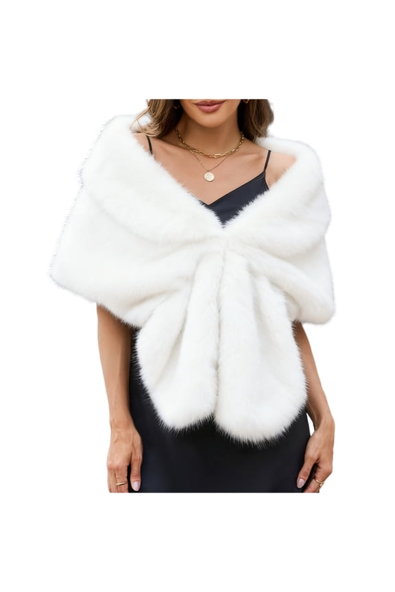 Womens Faux Fur Bridal Fax Fur Stole Cape Shawl Winter Warm Shoulder Wrap for Wedding Birthday Evening Party White Free