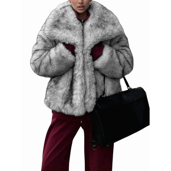 Womens Faux Fur Coat Faux Fur Jacket Long Sleeve Lapel Furry Winter Jackets Parka Short Coat Silver Fur M