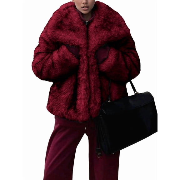 Womens Faux Fur Coat Faux Fur Jacket Long Sleeve Lapel Furry Winter Jackets Parka Short Coat Wine Red XL