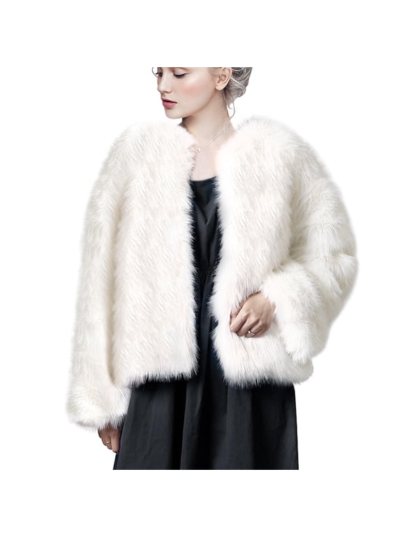 Womens Faux Fur Coat Long Sleeve Warm Winter Cropped Jacket (US, Alpha, XX-Large, Regular, Regular, Beige)