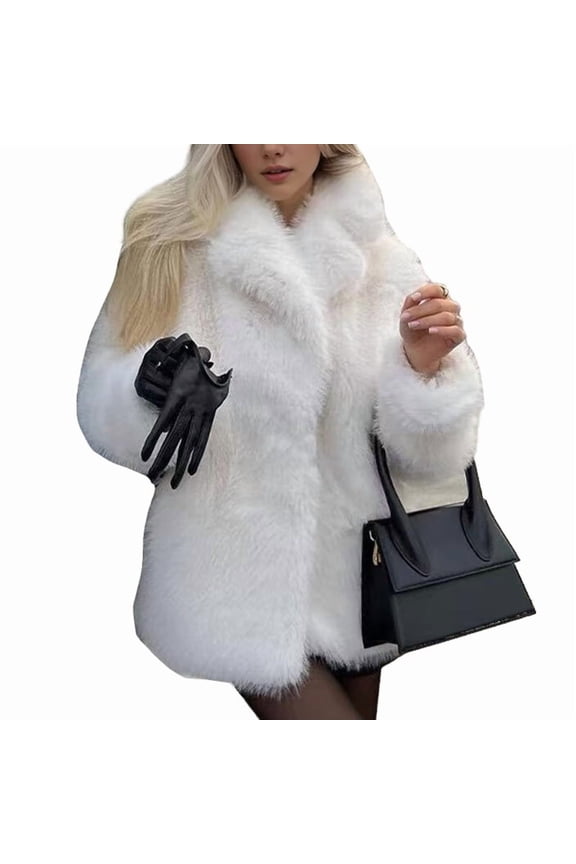 Womens Faux Fur Coat Winter Casual Oversized Lapel Jackets Warm Outerwear White L