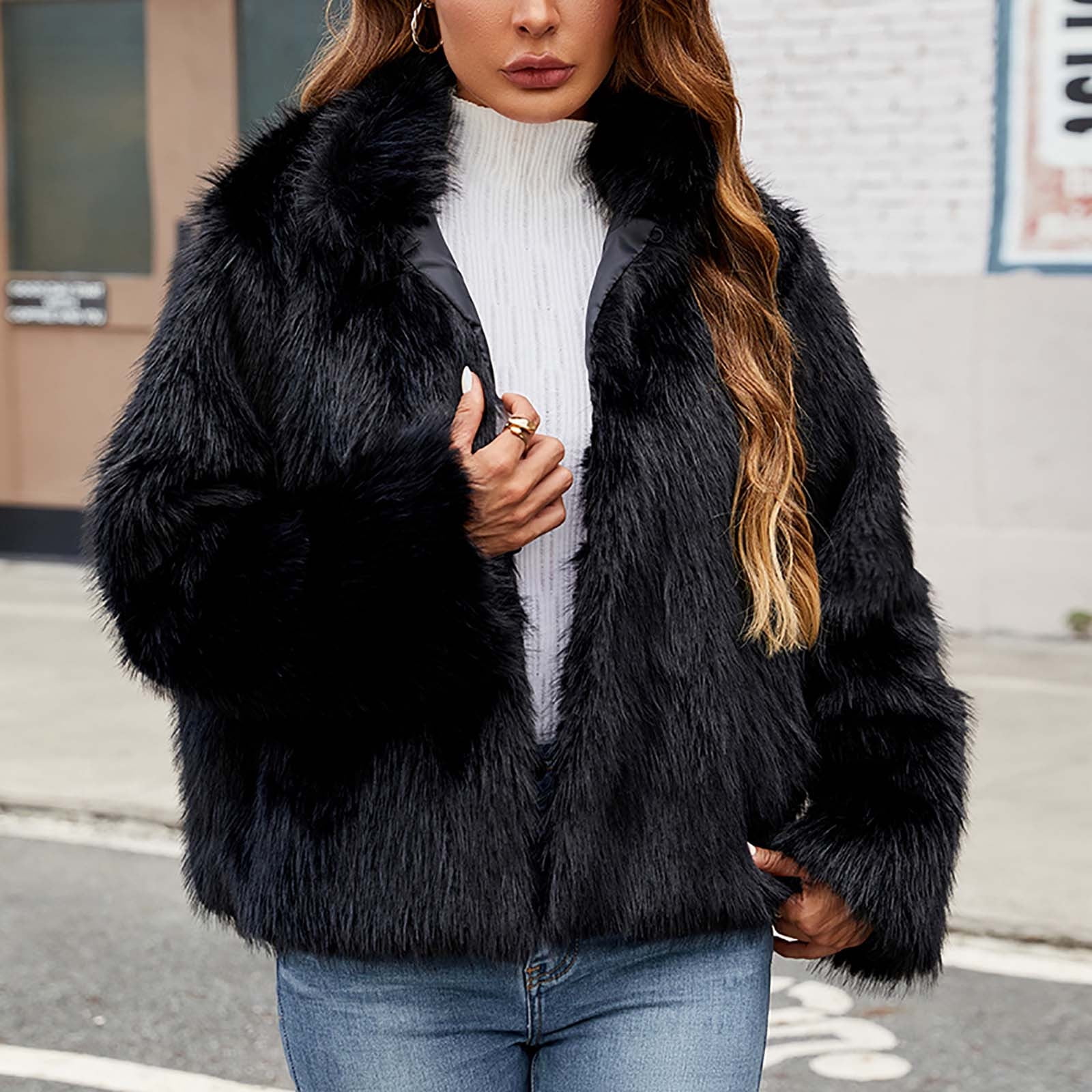 Womens Faux Fur Coat Winter Shaggy Casual Oversized Lapel Jackets