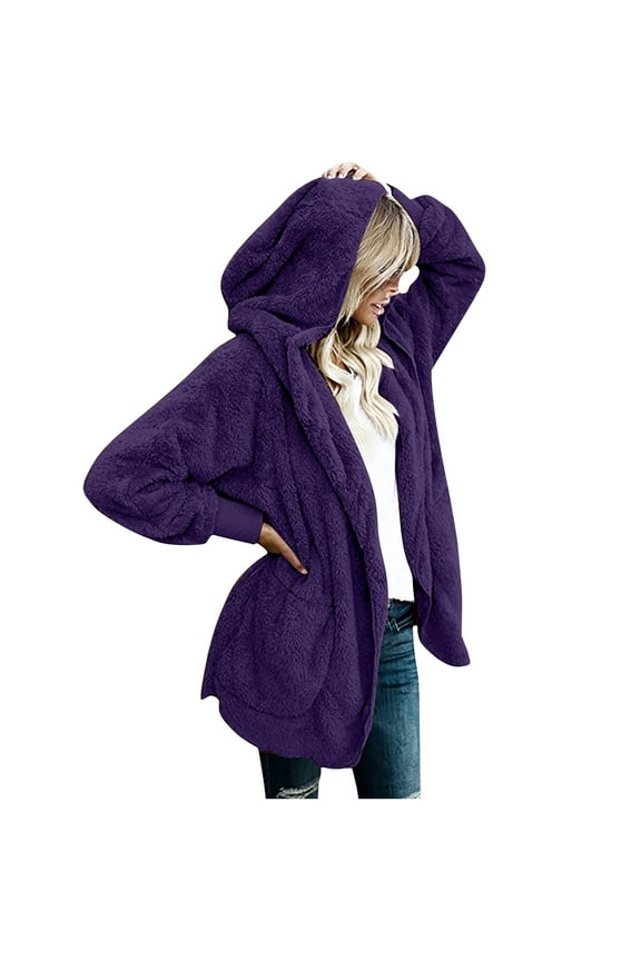 Womens Faux Fur Coats Fleece Fuzzy Hooded Sherpa Lined Jackets Warm Winter Coats Plus Size Cardigan Shaggy Outerwear