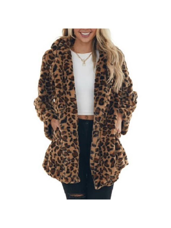 Womens Faux Fur Coats Leopard Jackets Loose Warm Fall Winter Fluffy Jacket Outwear