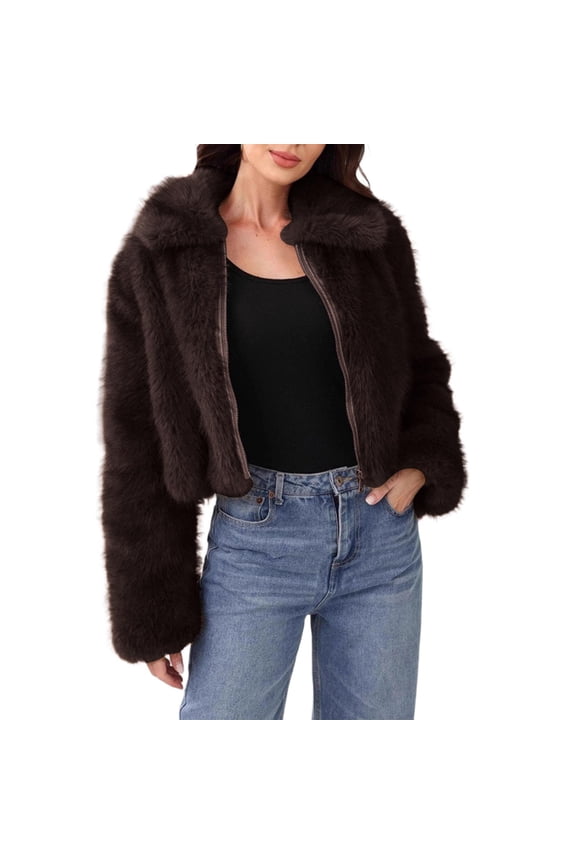 Womens Faux Fur Cropped Coat Fluffy Faux Fur Jacket Long Sleeve Open Front Zip Up Winter Warm Cozy Jacket