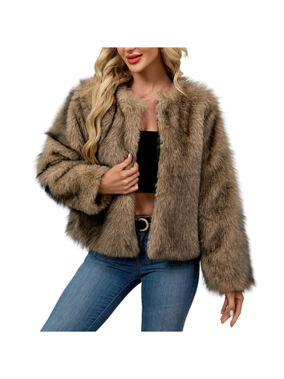 Womens Faux Fur Cropped Coat Long Sleeve Fluffy Open Front Short Cardigan Jacket Fashion Party Warm Outerwear (XL, Khaki)