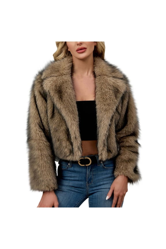 Womens Faux Fur Cropped Jacket Dressy Faux Fur Coat Cropped Evening Party Snap Button Winter Fluffy Jackets Lapel Open Front Shaggy Cardigans Fuzzy Teddy Coat Outerwear