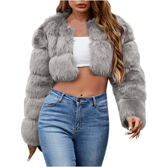 Womens Faux Fur Cropped Jacket Open Front Long Sleeve Fuzzy Coat Fleece Short Coat Winter Warm Outwear