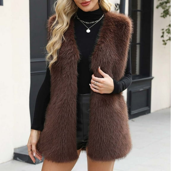 Womens Faux Fur Gilet Coat, Winter Sleeveless Vest Jacket Crew Neck Outwear Plush Warm Winter Coat Coffee M