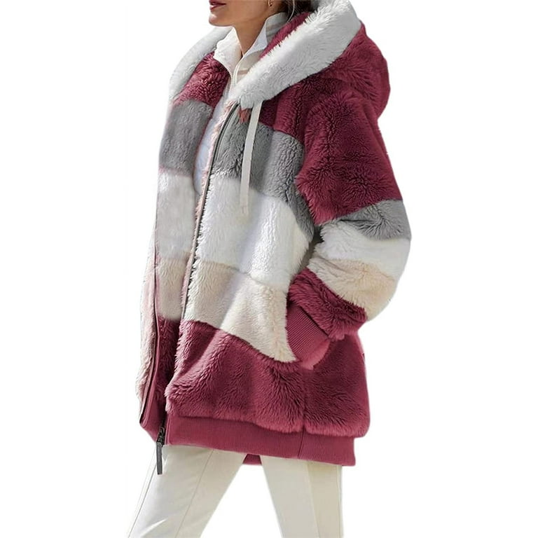 Womens Faux Fur Hooded Coat Color Block Long Sleeve Zipper Loose