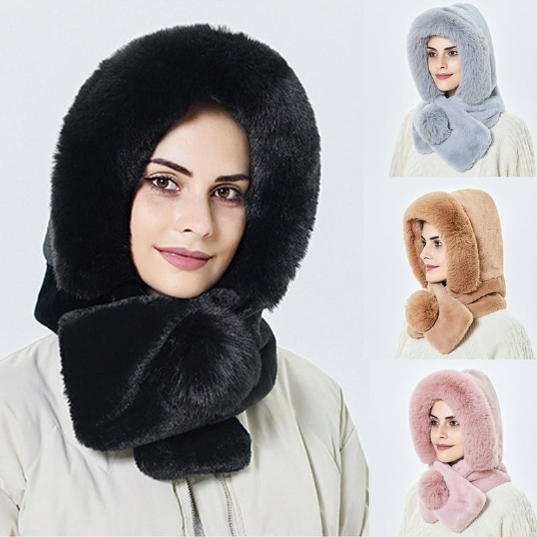 Womens Faux Fur Hooded Pom Collar Scarf Beanie Fluffy Fuzzy Winter