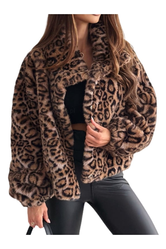 Womens Faux Fur Long Coat Button Down Lapel Fleece -Jacket Leopard Print L