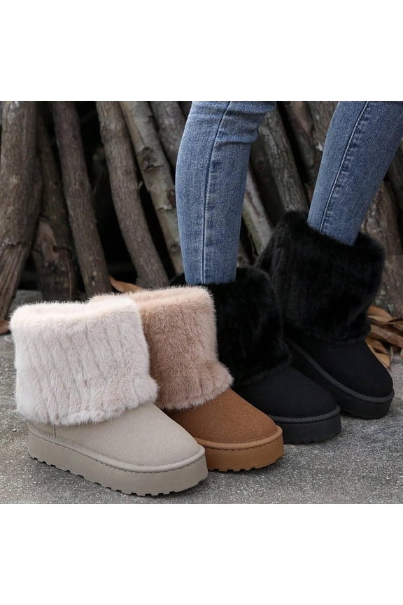 Womens Faux Fur Outdoor Boots Short, Mid-Calf, Furry & Fluffy, Warm Comfortable Flat Shoes